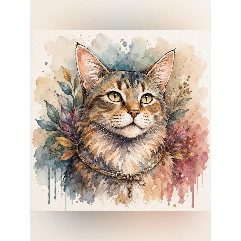 8x8 Black Framed Watercolor Cat Wall Art | Rustic Floral Cat Print